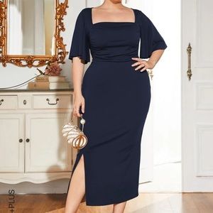 Shein navy butterfly half sleeve evening dress long